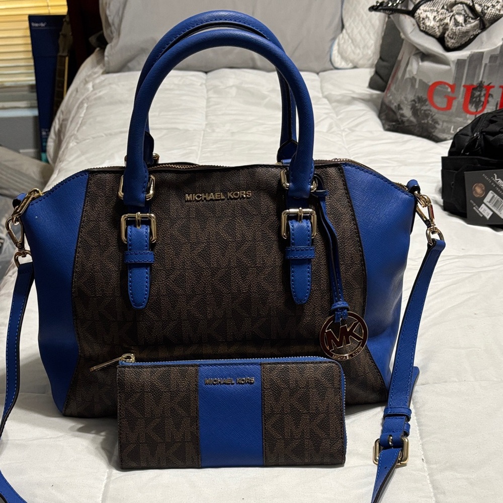 Michael Kors Signature Satchel in Blue and Brown